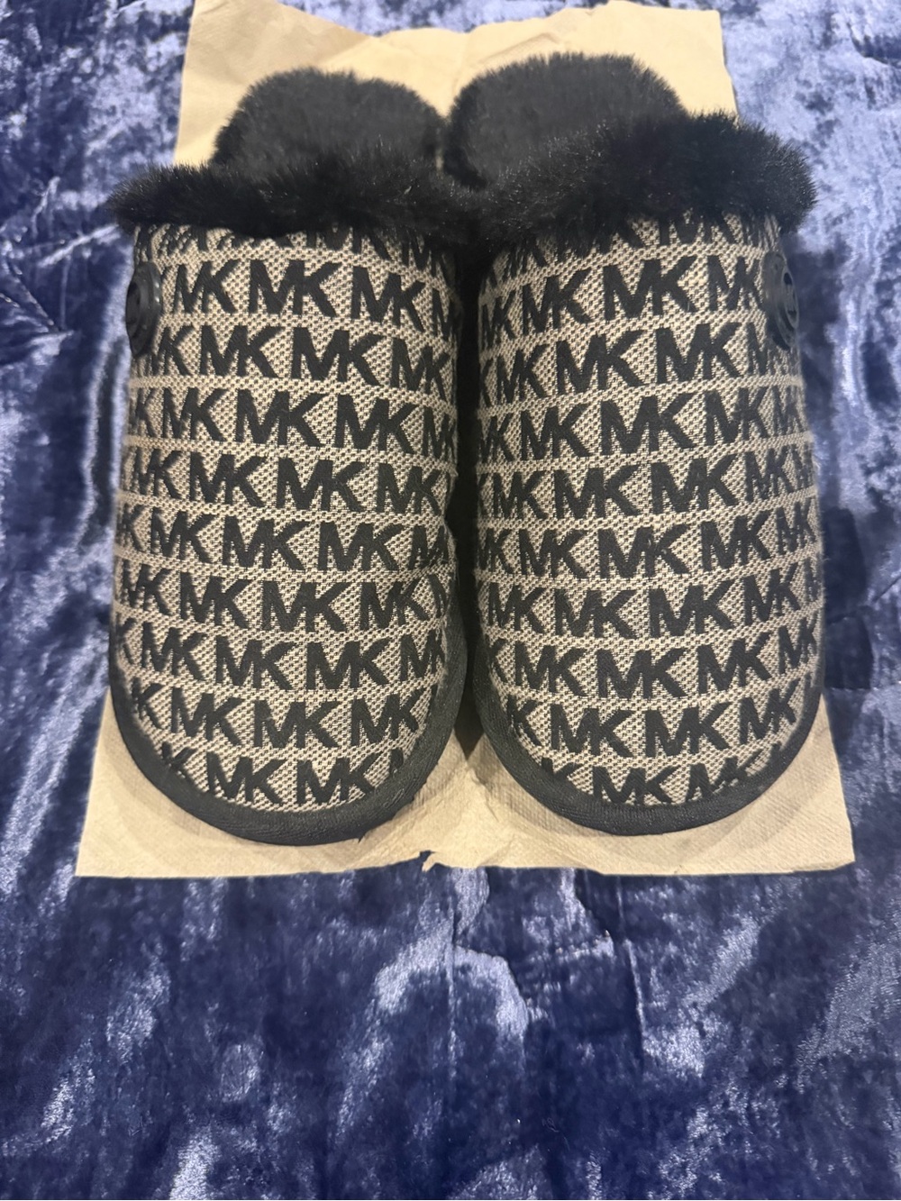 Michael Kors Black & Beige MK Logo Faux-Fur Slip-Ons